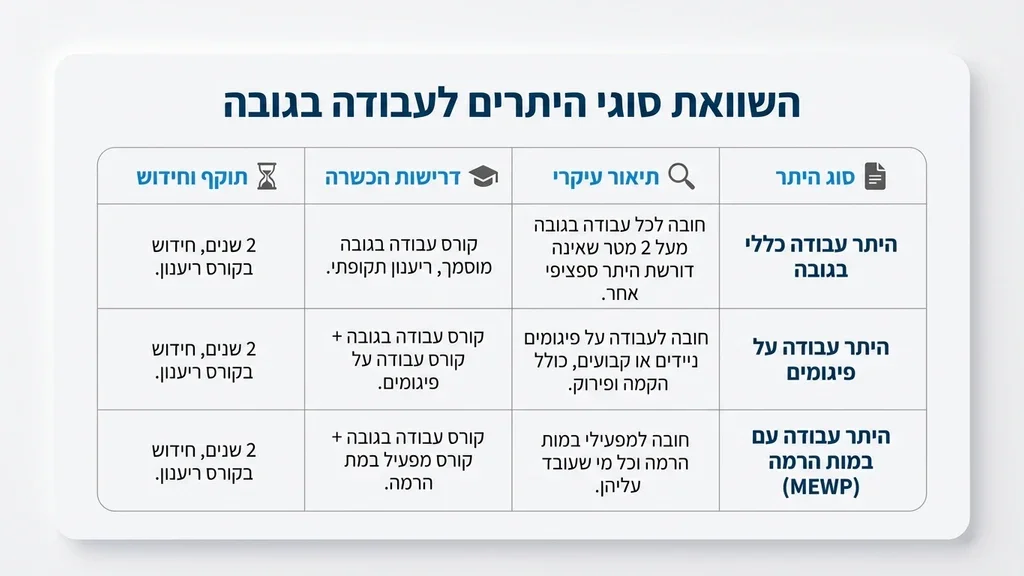 טבלת סוגי אישור עבודה בגובה