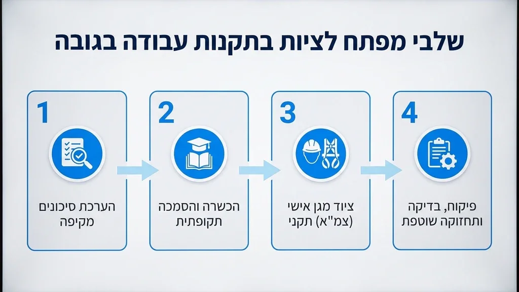עובד מוסמך משתמש בציוד מגן מלא במהלך עבודה בגובה
